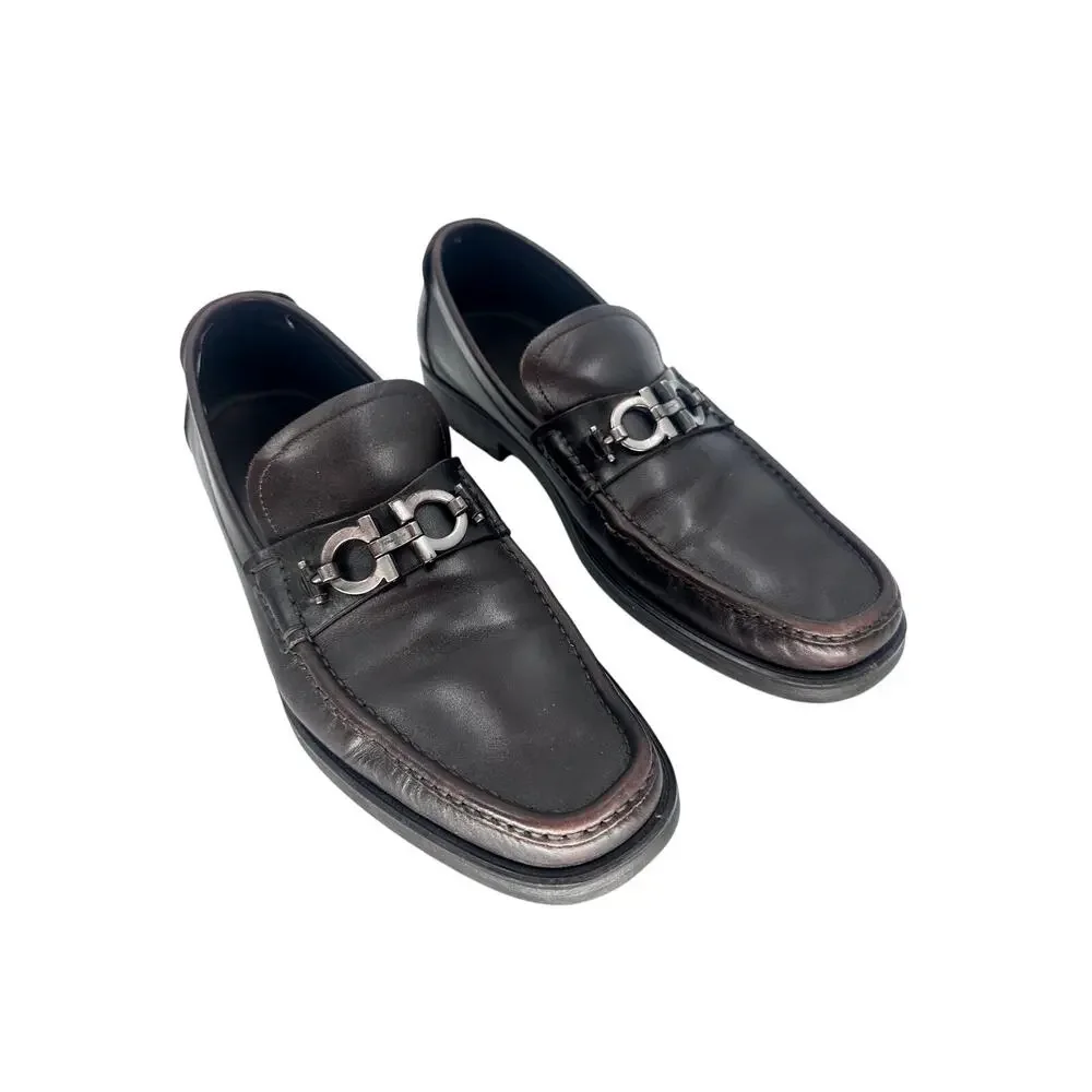 Salvatore Ferragamo David Gancini Leather Lug Sole Loafers Dark Brown Men's 12 D